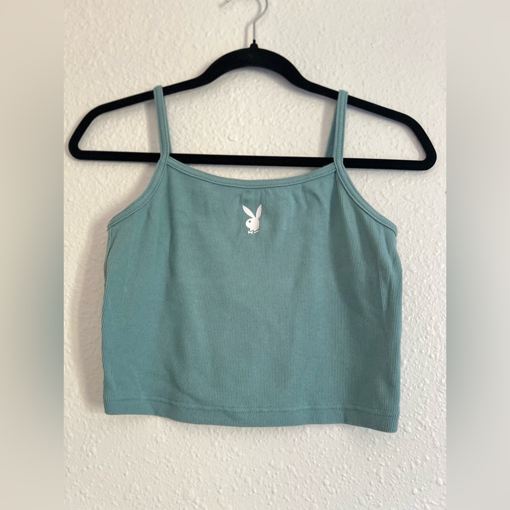 PLAYBOY Light Blue Size Large Cropped Tank Top